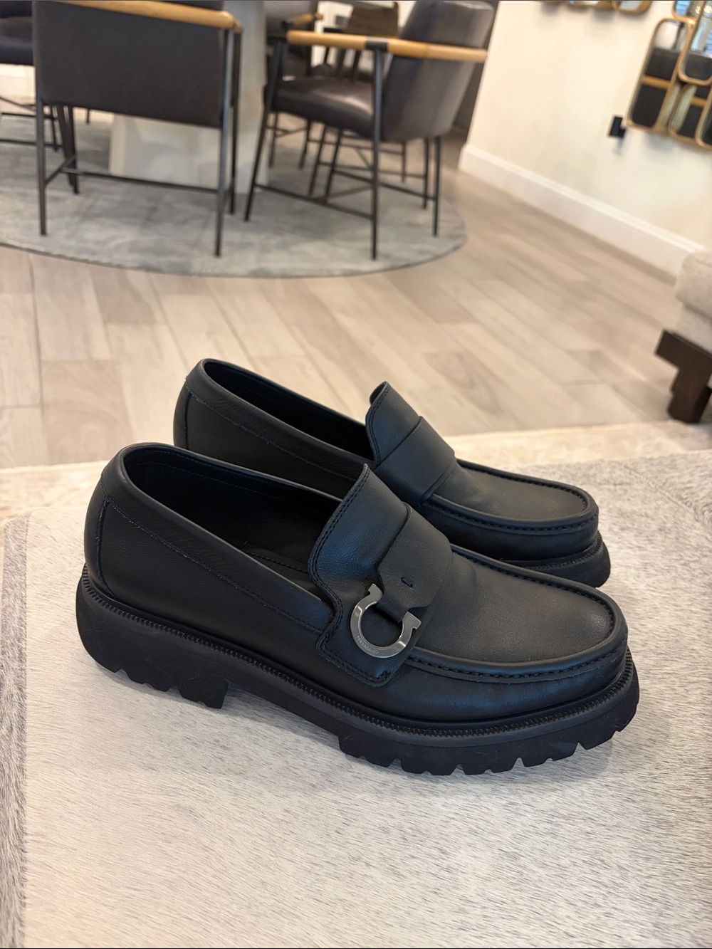 Ferragamo men’s Gancini lug-sole leather loafers in black calfskin